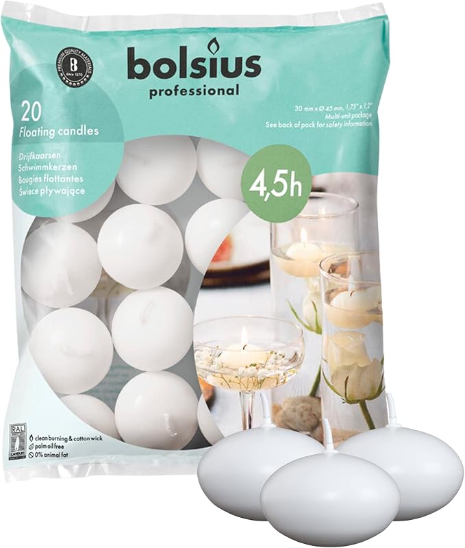 Bolsius 103632053702 Floating Candle, Paraffin Wax, White, 4.5 cm W x 4.5 cm W x 3 cm H Fragrance Free Pack of