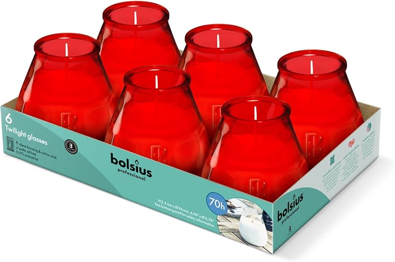 Bolsius - Outdoor Candles - 6 Pieces - Glass - Red - Burn Time 70 Hours - Palm Oil Free - Clean Burn - Cotton 