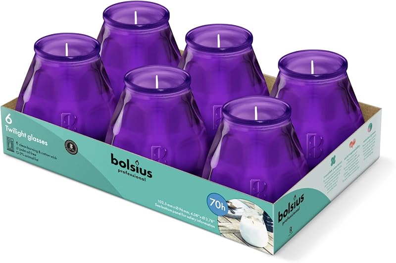 Bolsius - Outdoor Candles - 6 Pieces - Glass - Purple - Burn Time 70 Hours - Palm Oil Free - Clean Burn - Cott