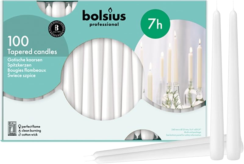 Bolsius 103400335502 Tapered Candles, 10 Inch, White, Pack of 100