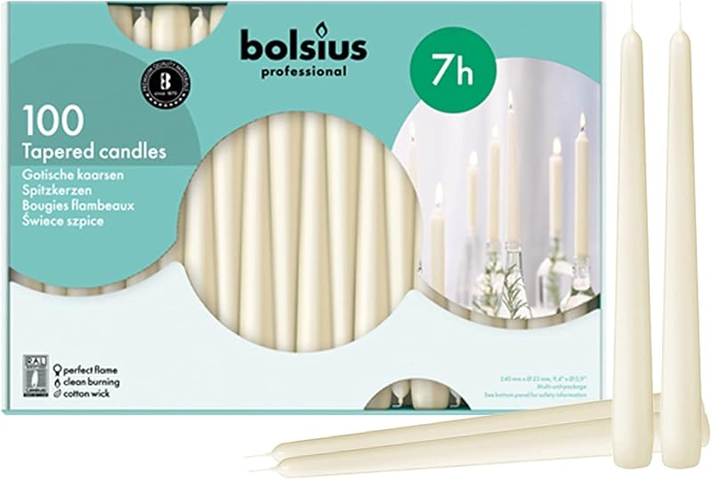 Bolsius – Tapered candles – Box of 100 - Ivory – 24.5 cm - Burn time: 7 hours - Drip free