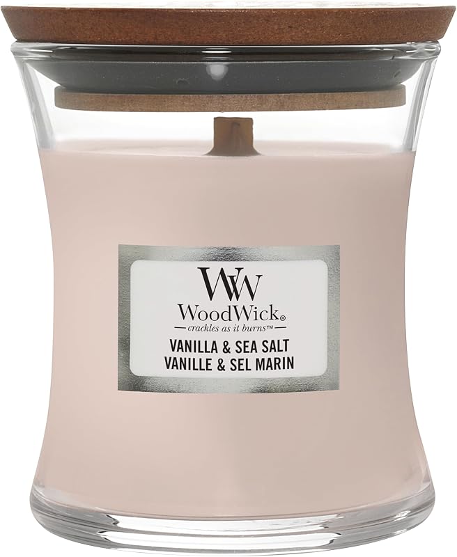 WoodWick Scented Candle with Crackling Wick | Vanilla & Sea Salt Mini Hourglass Candle | Up to 20 Hours of Bat