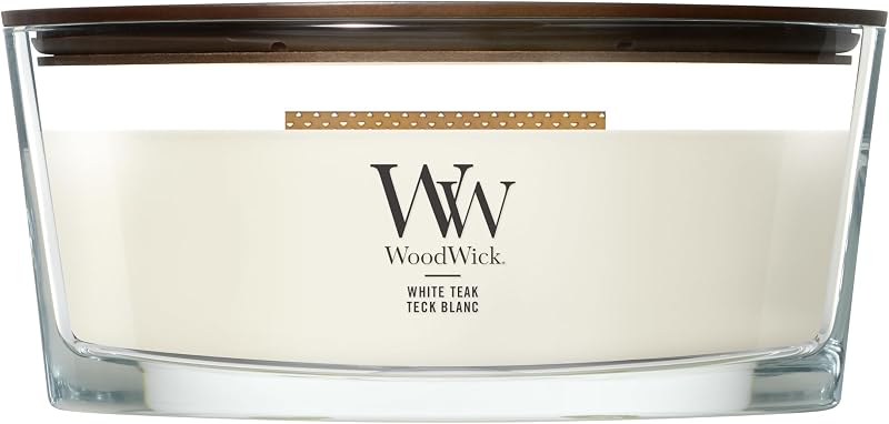 WoodWick Ellipse Scented Candle | White Teak Wood | With Crackling Wick | Burn Time: Up to 50pk Hours
