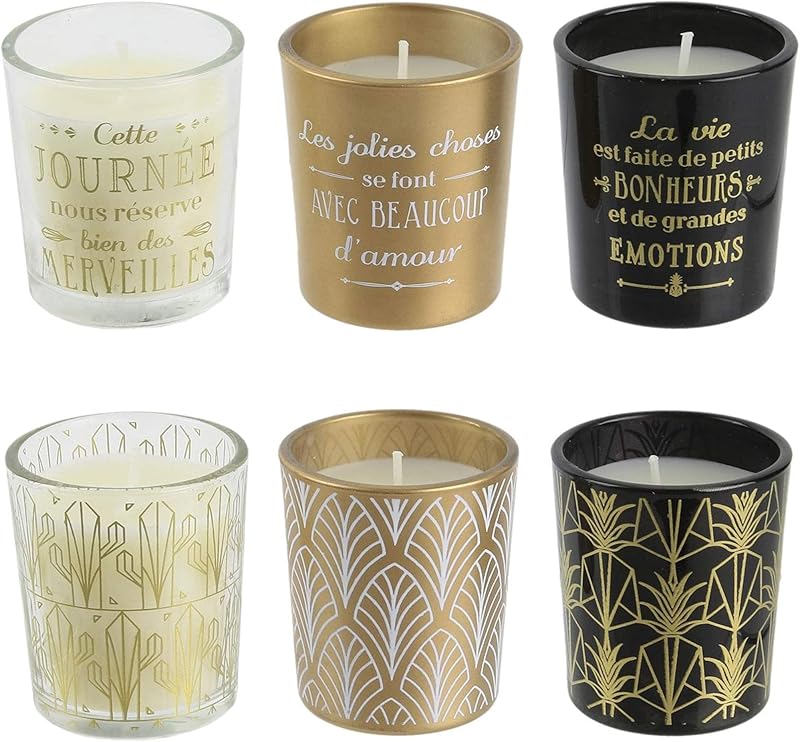 Home Deco Factory Set of 6 Scented Candles Vanilla Assorted Gold | Paraffin Wax, Set of 6 Scented Candles, Van