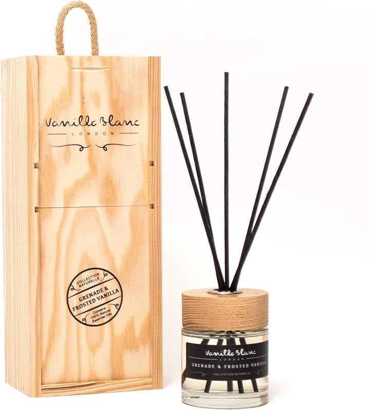 Vanilla Blanc Natural Reed Diffuser Enclosed in Handmade Wooden Gift Box and Frosted Vanilla Pomegranate