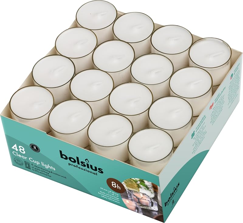 BOLSIUS 48 Pieces Tea Candles Clear Cups Long Burn Time 8 Hours No Scente for Mood, Dinners, Parities, Home, D