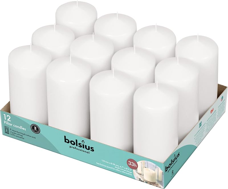 Bolsius Basic Candles for Decoration, Wax, White, Wax Cut, Single: h 11.8 cm Ø5.8 cm, 12 units