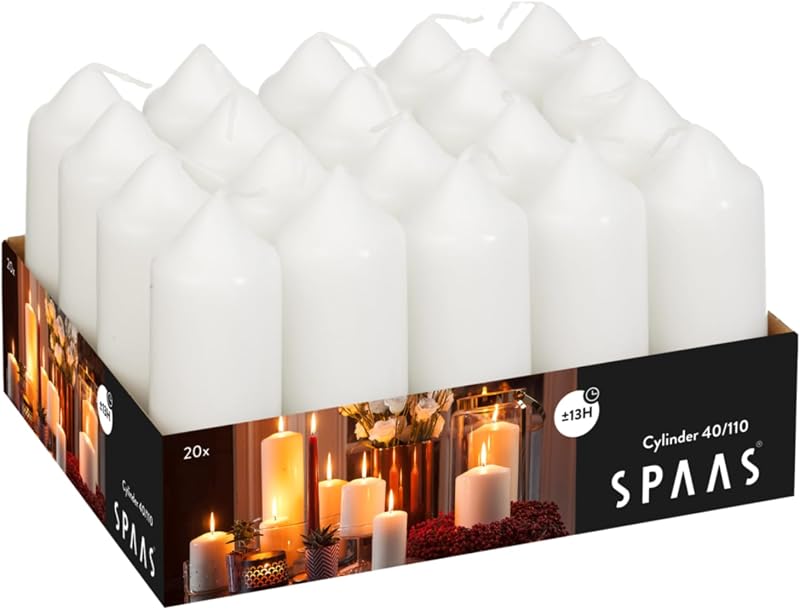SPAAS Pack of 20 Cylinder Pillar Candles 40/110 mm, ± 13 hours, Unscented – White