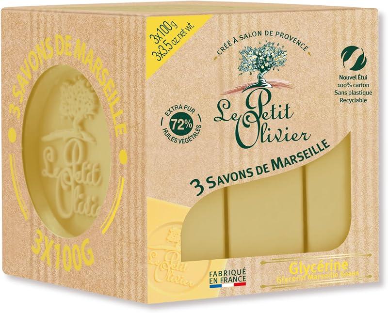 LE PETIT OLIVIER - 3 Savons De Marseille - Glycérine - Parfum De La Région De Grasse - Nettoient La Peau En Do