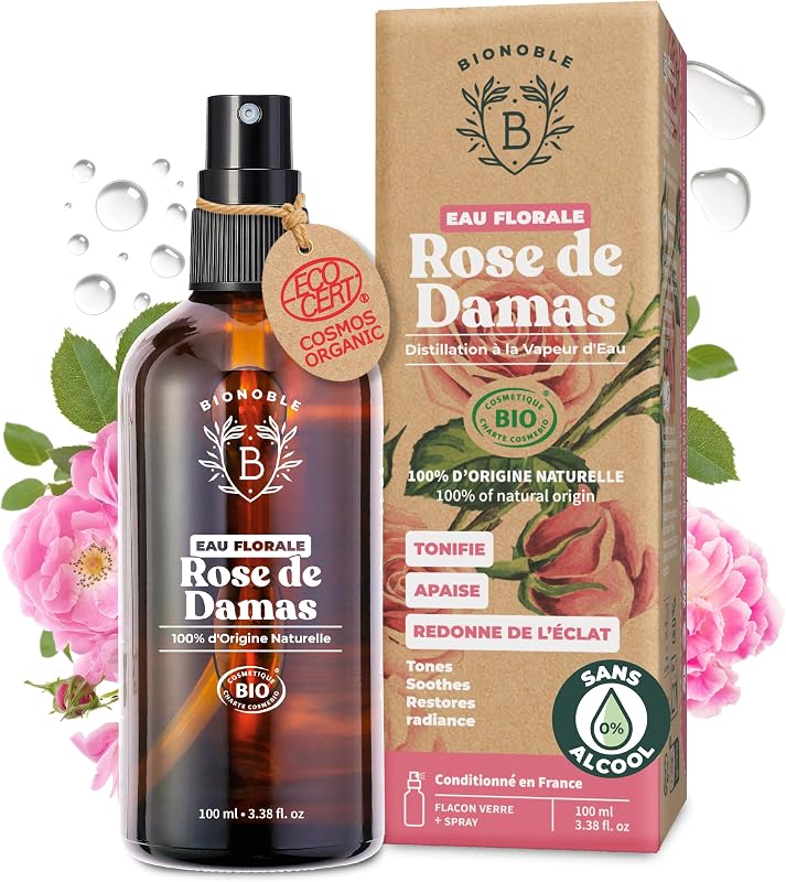 Bionoble Eau de Rose Bio 100ml - Hydrolat de Rose de Damas 100% Pur et Naturel - Visage, Contour des Yeux, Cor