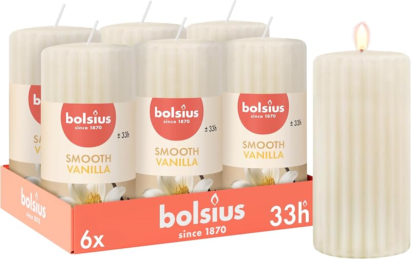 Bolsius - Bougies piliers parfumées - 6 pièces. - 12 cm - striées - vanille - ivoire - bougies parfumées - ext
