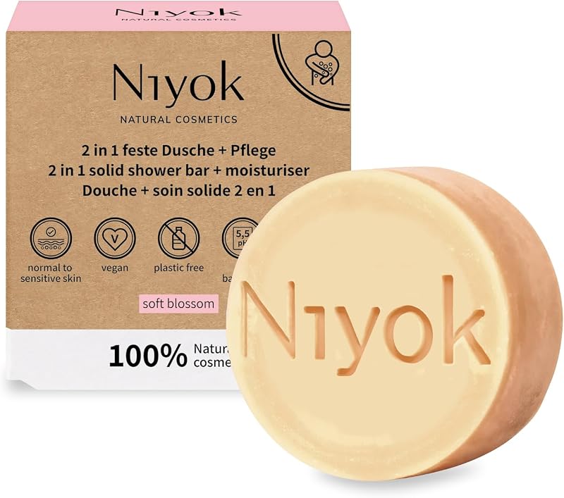 Niyok 2-in-1 Solid Shower + Soft Blossom Care (80 g) • Natural Shower Soap • Solid Shower Gel for All Skin Typ