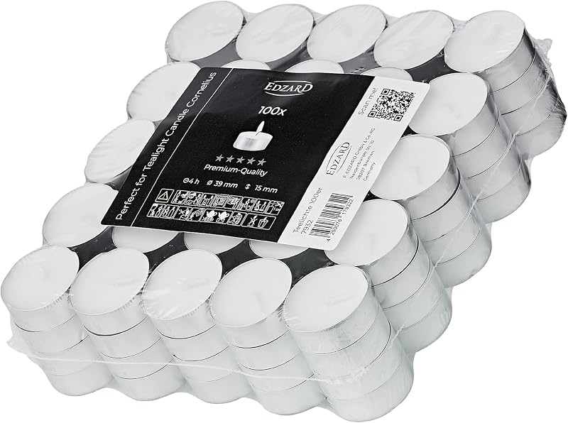 EDZARD 100 Tealights (Diameter 39 mm White 4 Hours) – Long Lasting Paraffin Tealights for Decoration, Party, B