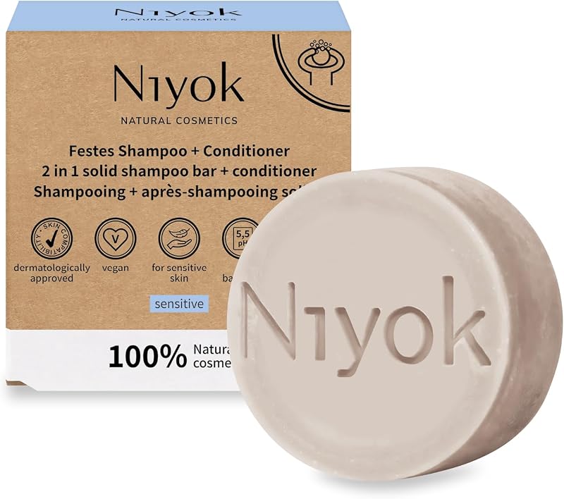 Niyok 2-in-1 "Sensitive" Solid Shampoo (80g) • Fragrance Free • For Sensitive Scalp • Vegan & Natural Hair Car
