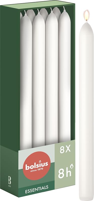 Bolsius - 8 tapered candles - White - 23 x 2 cm - Long burn time of 8 hours - Fragrance free - Vegan natural w