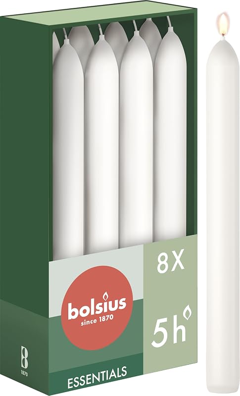 Bolsius - 8 white taper candles - 17 x 2 cm - Long burn time of 5 hours - Fragrance free - 25% natural vegan w