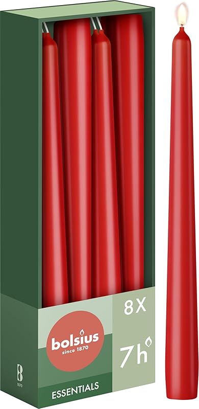 Bolsius - 8 x Smooth Pointed Candles - Red - Decorative Candles for Home - Burn Time 7 Hours - Fragrance Free 