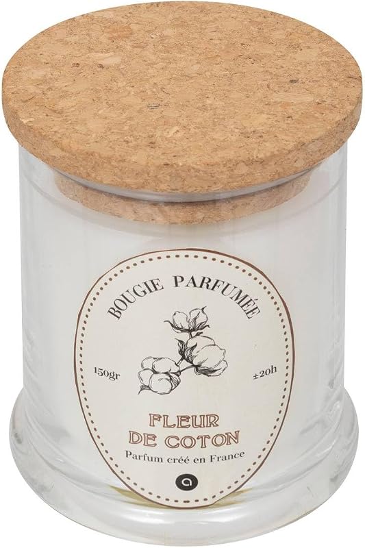 Atmosphera Hapo Cotton Flower Scented Candle 150 g – H 10.2 cm, Glass Jar, Cork Lid, Perfume De France – For H