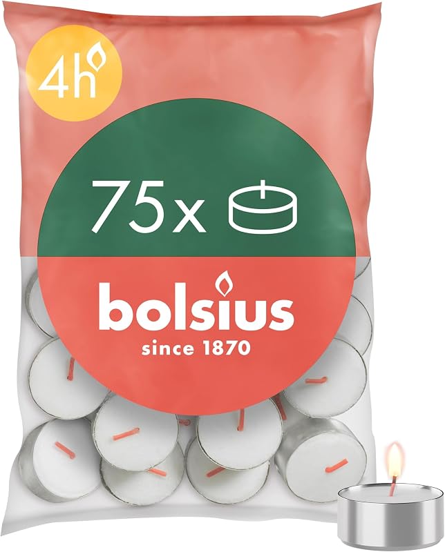 Bolsius D-Light - Set of 75 Tea Lights - In a Bag - Burn Time: 4 Hours - Decorative - White - Contains Natural