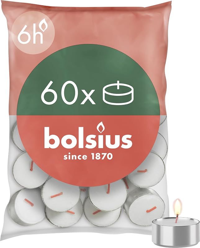 Bolsius D-Light - Set of 60 Tea Lights - In a Bag - Burn Time: 6 Hours - Decorative - White - Contains Natural