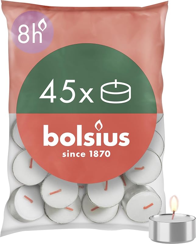 Bolsius D-Light - Set of 45 Tea Lights - In a Bag - Burn Time: 8 Hours - Decorative - White - Contains Natural