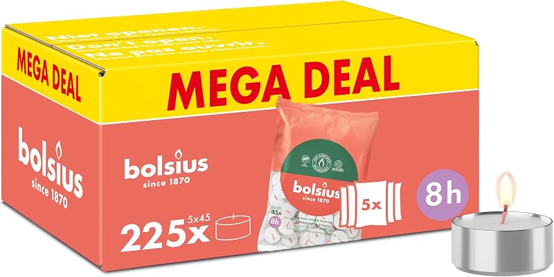 Bolsius - Set of 225 tealights - 8 hours burn time - White - Contains natural vegetable wax - Burn length - De