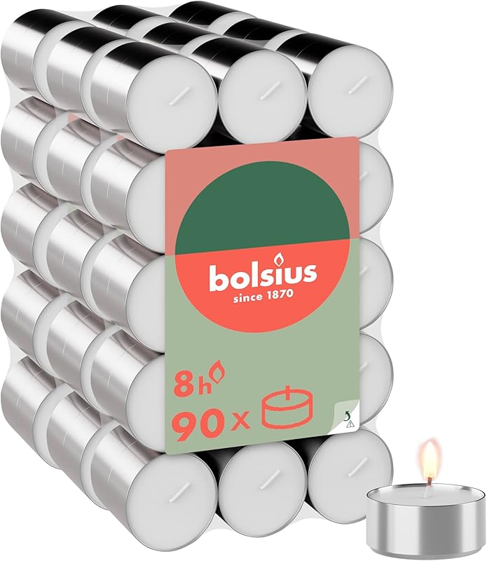 Bolsius - Set of 90 tea lights - 8 hours burn time - white - burning length - decorative candles household - p