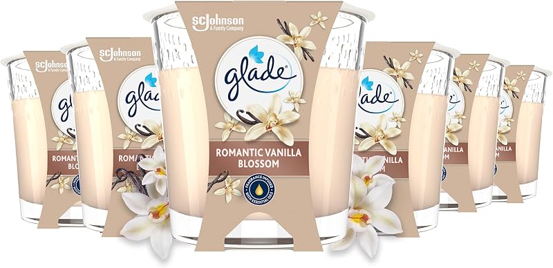 Glade Set of 6 Scented Candles in a Glass Jar, Romantic Vanilla Blossom, 6 x 112g, Burn Time Up to 27 Hours Pe