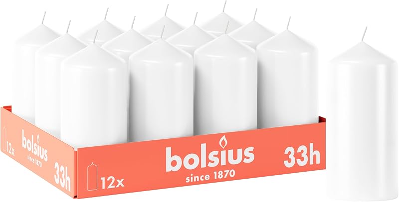 Bolsius - Set of 12 Smooth White Pillar Candles - 12 x 6 cm - Decorative - Burn Time 33 Hours - Unscented - Co