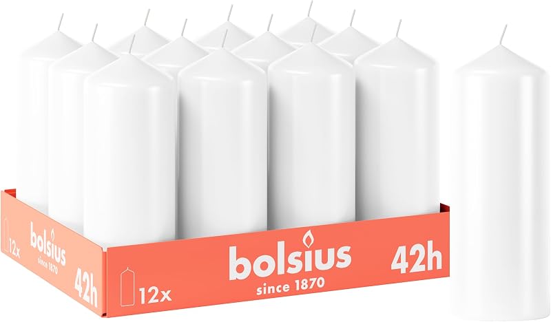 Bolsius - Set of 12 Smooth White Pillar Candles - 15 x 6 cm - Decorative - Burn Time 42 Hours - Unscented - Co