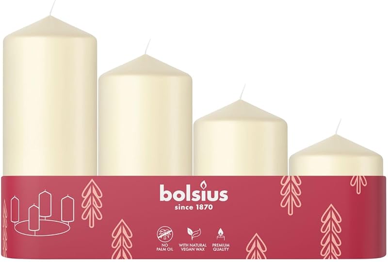 Bolsius - Set of 4 smooth pillar candles - Advent season - Various sizes 12-10-8-6 cm -Ø48mm - Long burning ti