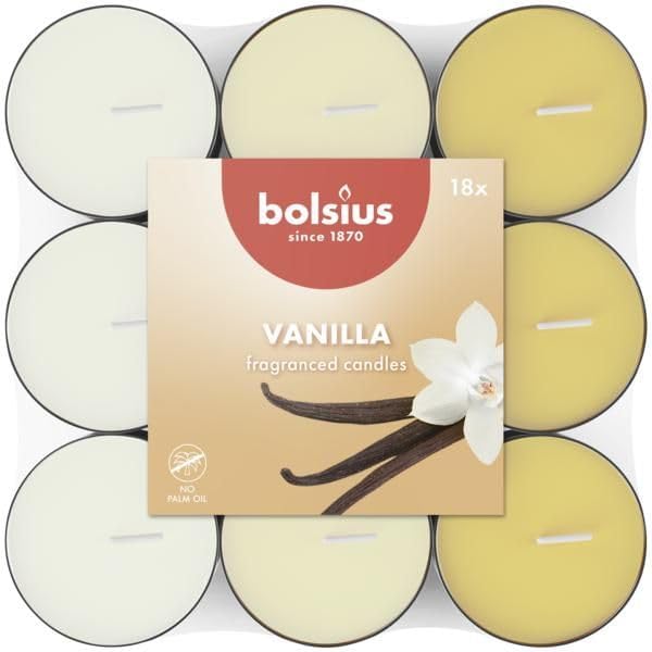 Bolsius - 18 Scented Tea Lights - Vanilla - Burn Time of 3.5 Hours - Diameter 38 mm - Natural Extracts - Conta