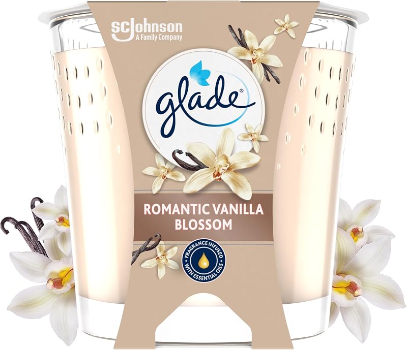 Glade Scented Candle, Romantic Vanilla Flower, Enriched with Essential Oils, Vegan, 30H Fragrance, 1 Candle