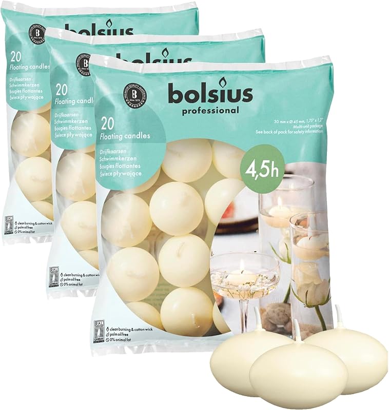 Bolsius Set of 60 High Quality Floating Candles Fragrance Free Ivory