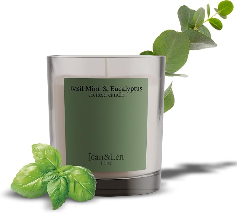 Jean & Len Basil Mint & Eucalyptus Candle, Refreshing, Vegan, 195 g