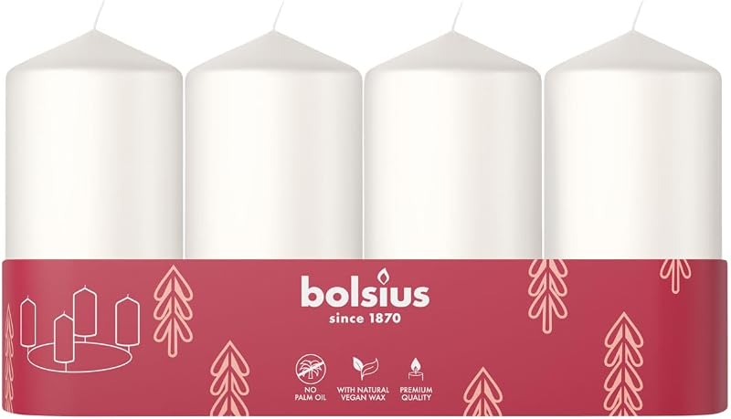 Bolsius Smooth Pillar Candles, White, 100 x 48 mm, Set of 4, Decorative Candles, Long Burning Time, Fragrance-