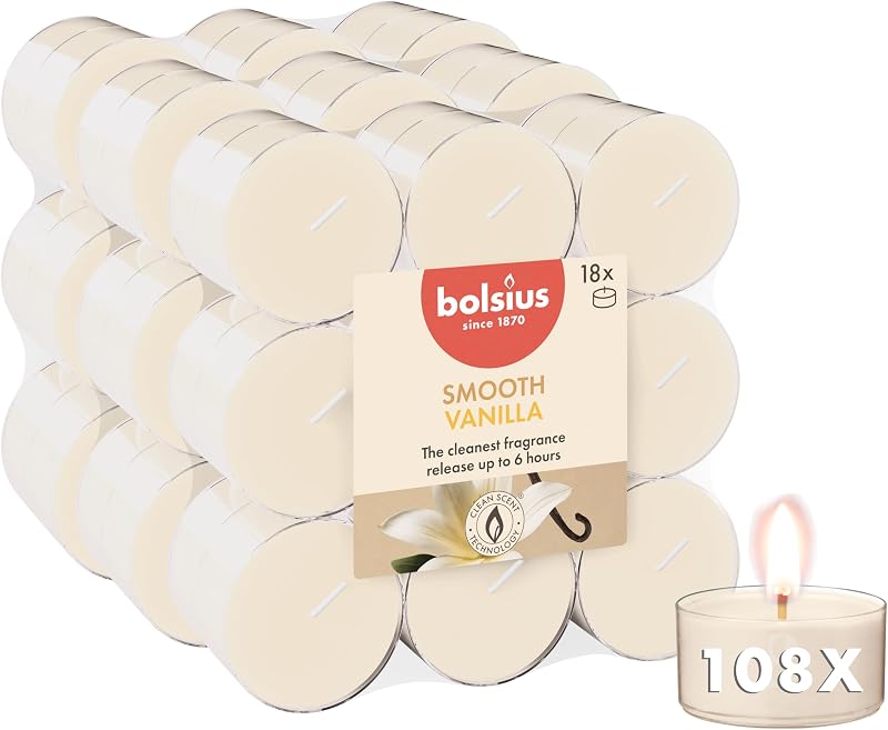 Bolsius - bougies chauffe-plat parfumées - vanille - 108 pièces - 6 heures - avec coupelles transparentes - au