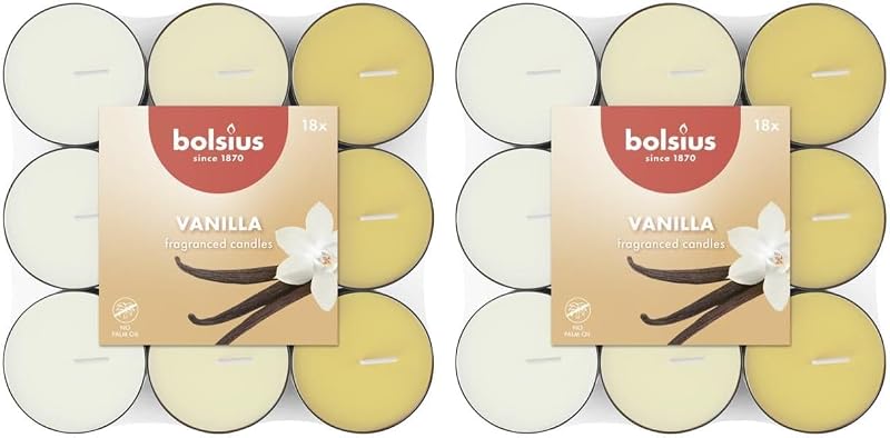 Bolsius - 18 Scented Tea Lights - Vanilla - Burn Time of 3.5 Hours - Diameter 38mm - Natural Extracts - Contai