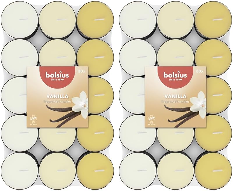 Bolsius - 30 Scented Tea Lights - Vanilla - Burn Time of 3.5 Hours - Diameter 38mm - Natural Extracts - Contai