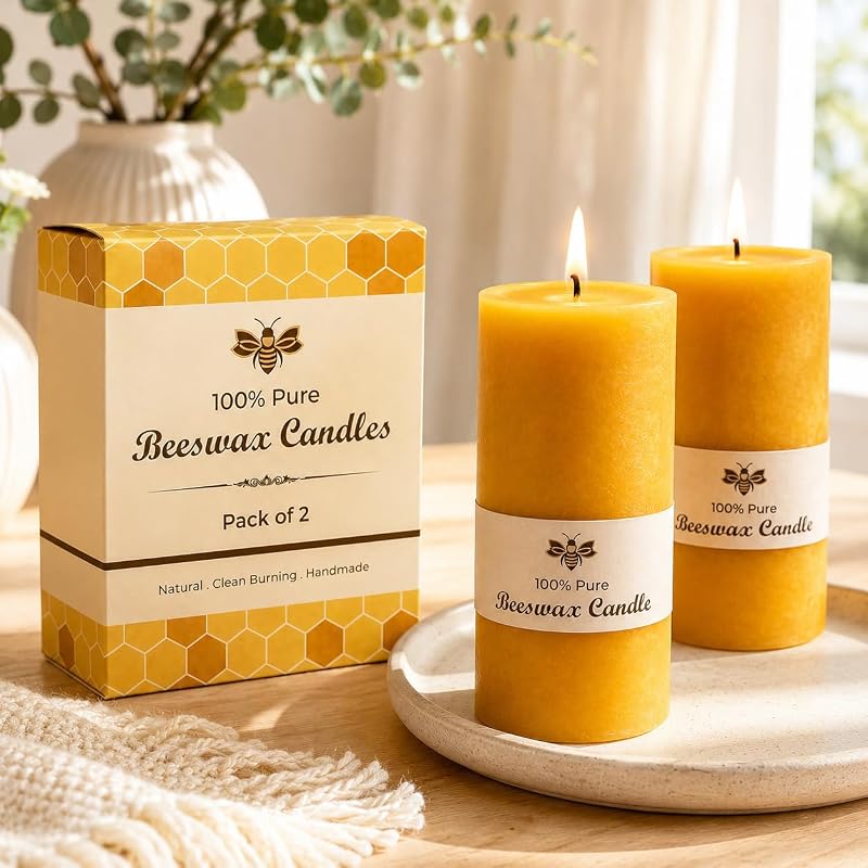 Lot de 2 bougies en cire d'abeille pure – Prêtes à offrir – Bougies piliers en cire de miel naturelle à combus