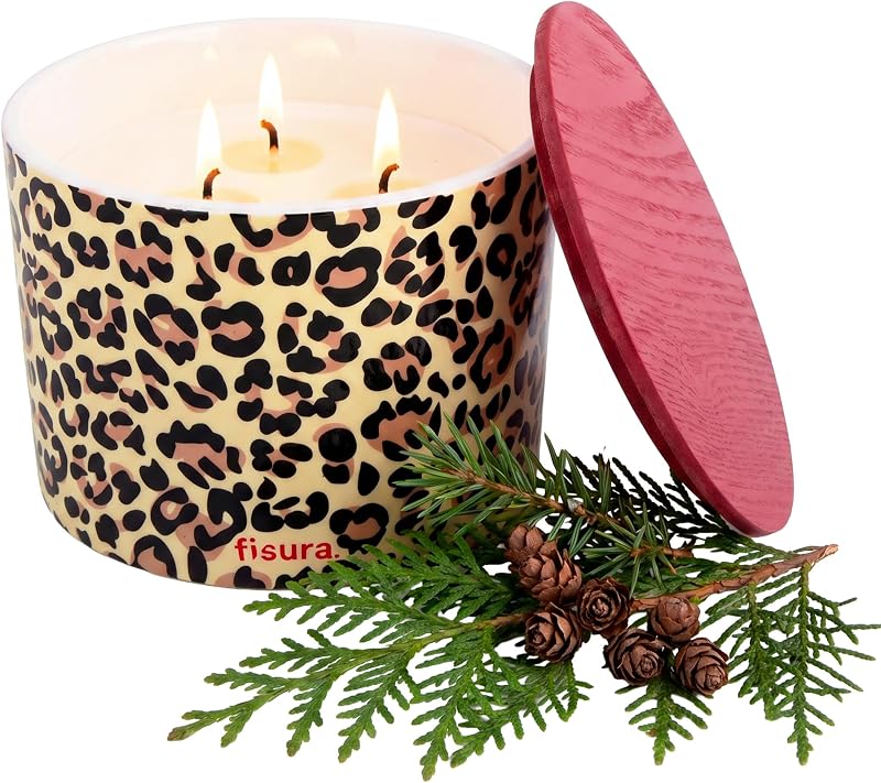 Fisura Original Scented Candle in Ceramic Container "Leopard" Soy Candle with Balm and Cedar Scent in Gift Box