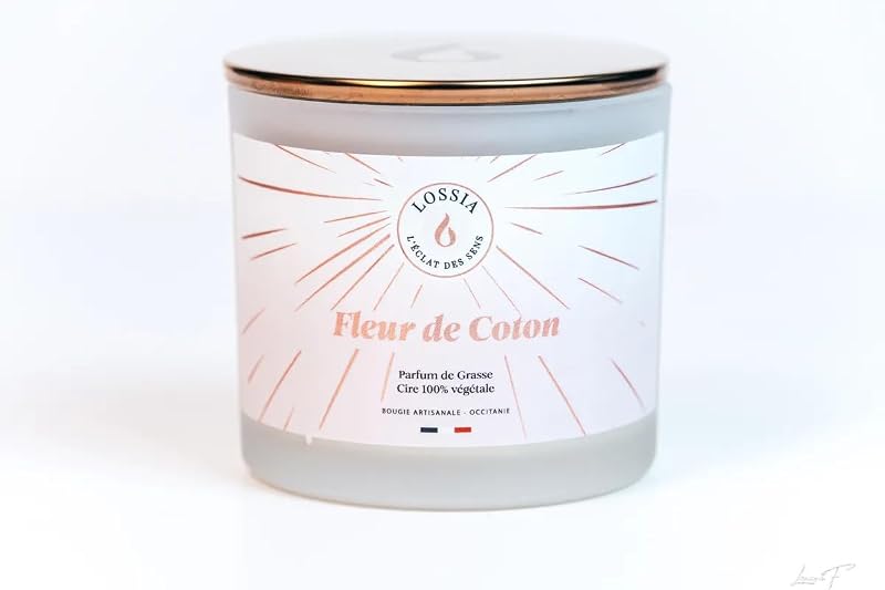 Bougie Parfumée Fleur de Coton Lossia, Cire de Soja Végétale, 109 g | Fleur de Coton, 20 h de Combustion, Parf